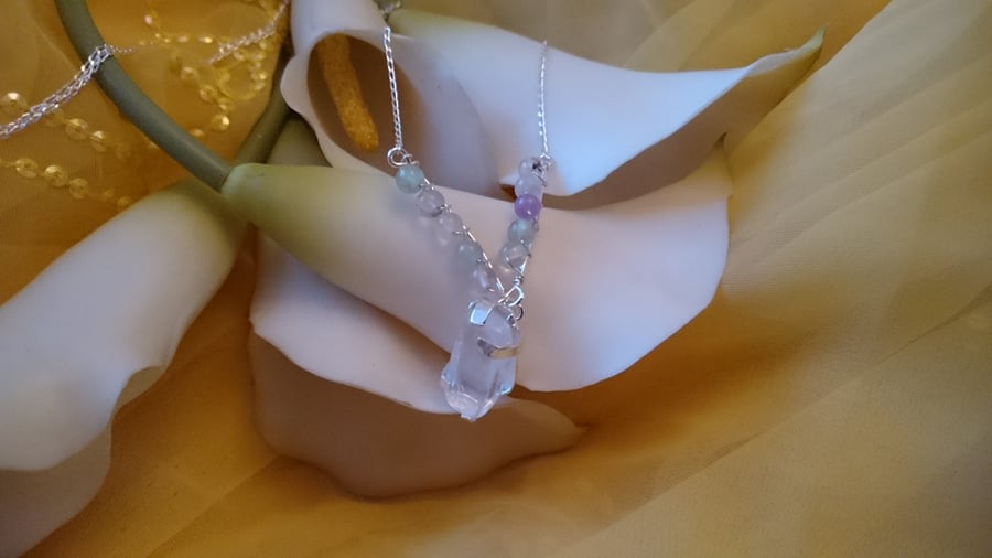 Rock quartz and fluorite sterling silver necklace.