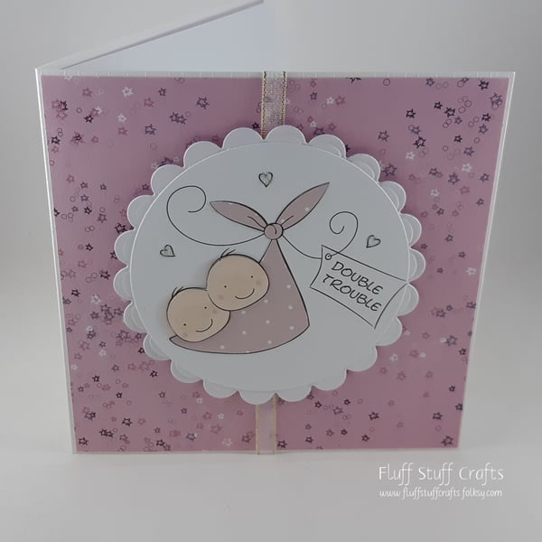 Handmade new twin babies card - double trouble