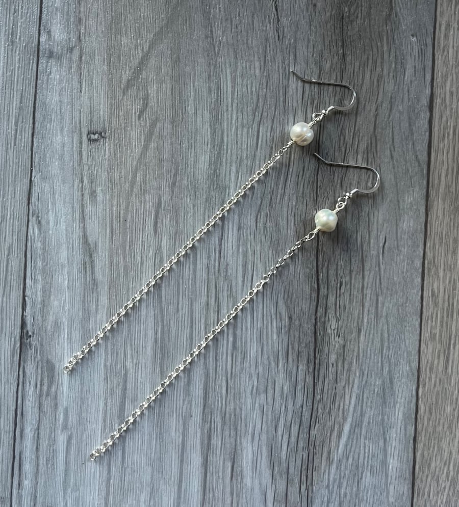 Swishy long drop freshwater pearl earrings with solid sterling silver ear hooks 