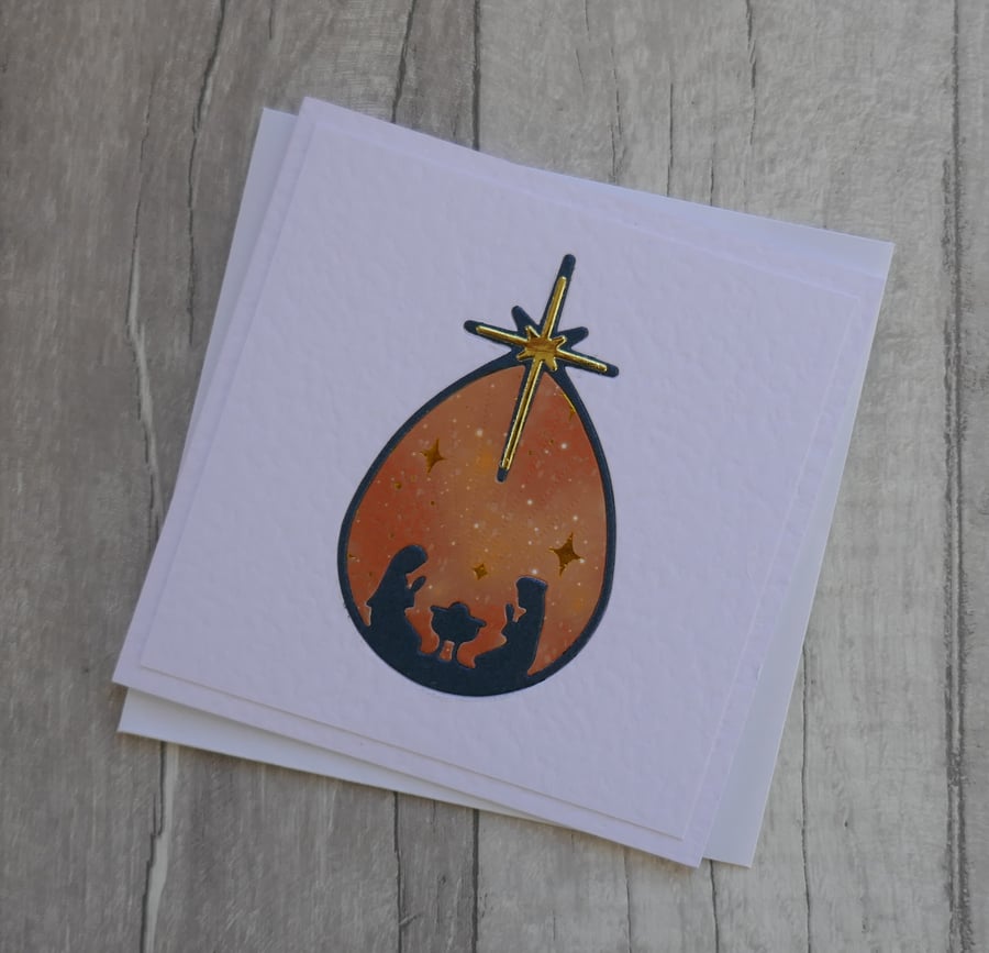 Blue and Gold Nativity Bauble - Christmas Card