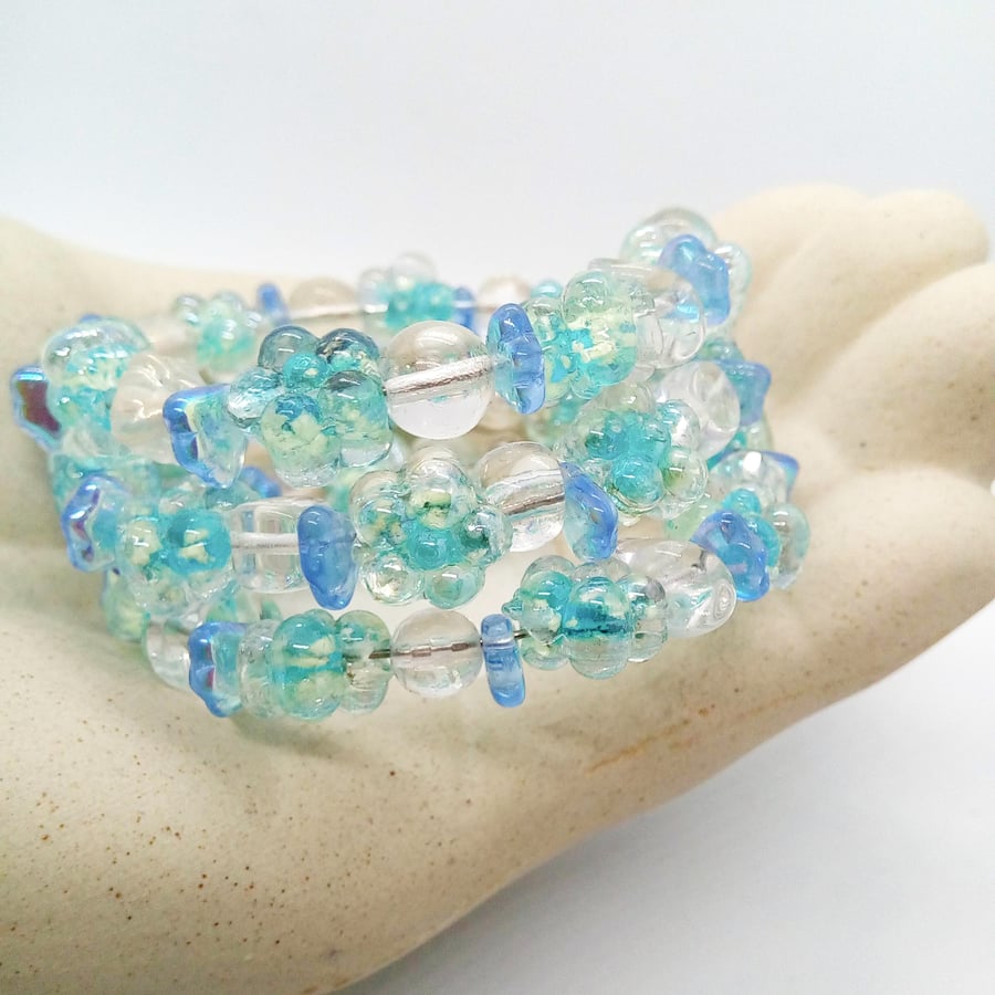 Blue Flower and Clear Bead Memory Wire Cuff Bracelet, Floral Bead Bracelet