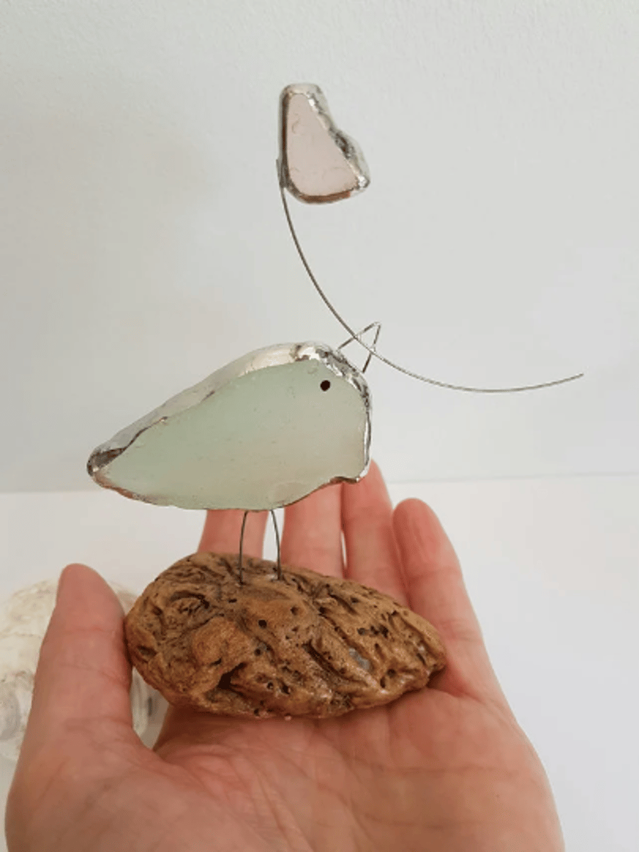 Cute Sea Glass Bird With A Heart Balloon On Driftwood - Gift For The Home