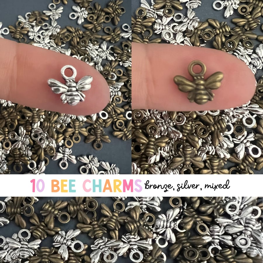 10 Bumble Bee Charms Silver Bee Charms 10 Bronze Bee Pendants UK Craft Supplies 