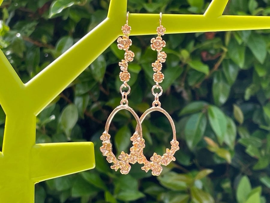 SAKURA HOOP EARRINGS drop gold plated blossom floral earrings 