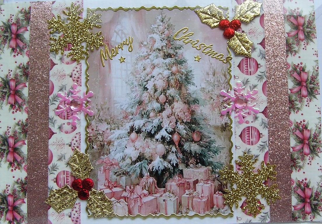 Hand Crafted Decoupage Chistmas Card - Merry Christmas (3349) Pink Xmas Tree