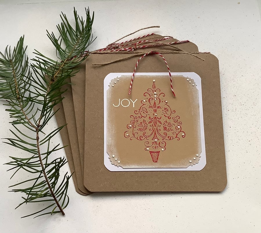 CHRISTMAS CARDS. Scandi-style. ' Joy' ( pack of 4) .Elegant tree.