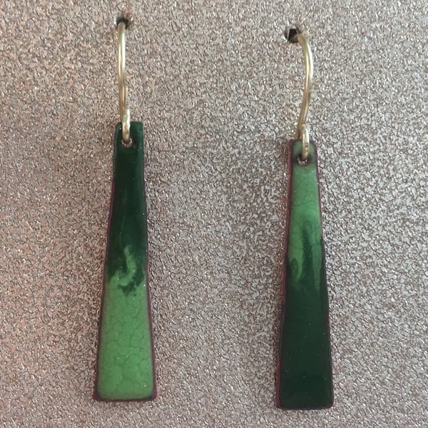 Enamelled two tone dangle green forest earrings