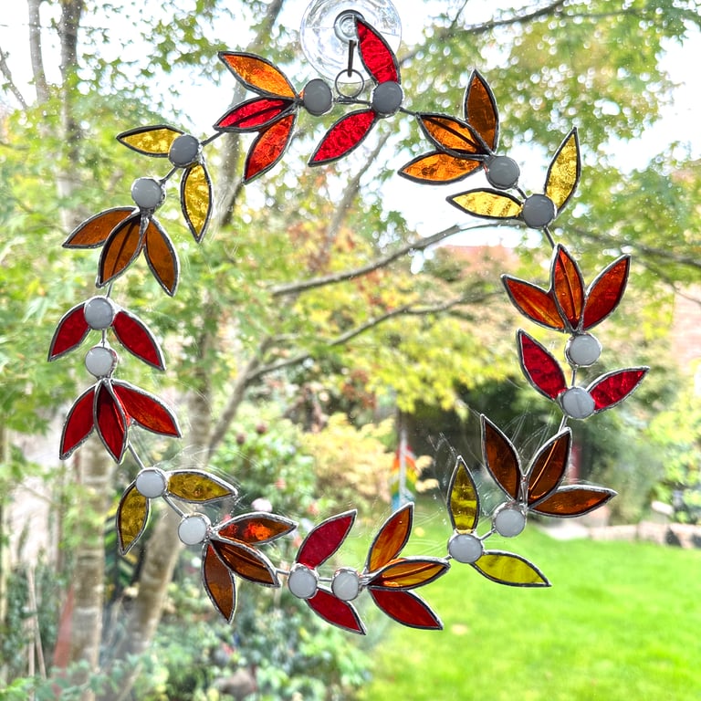 Stained Glass Autumn Wreath Suncatcher - Handmade Window Decoration
