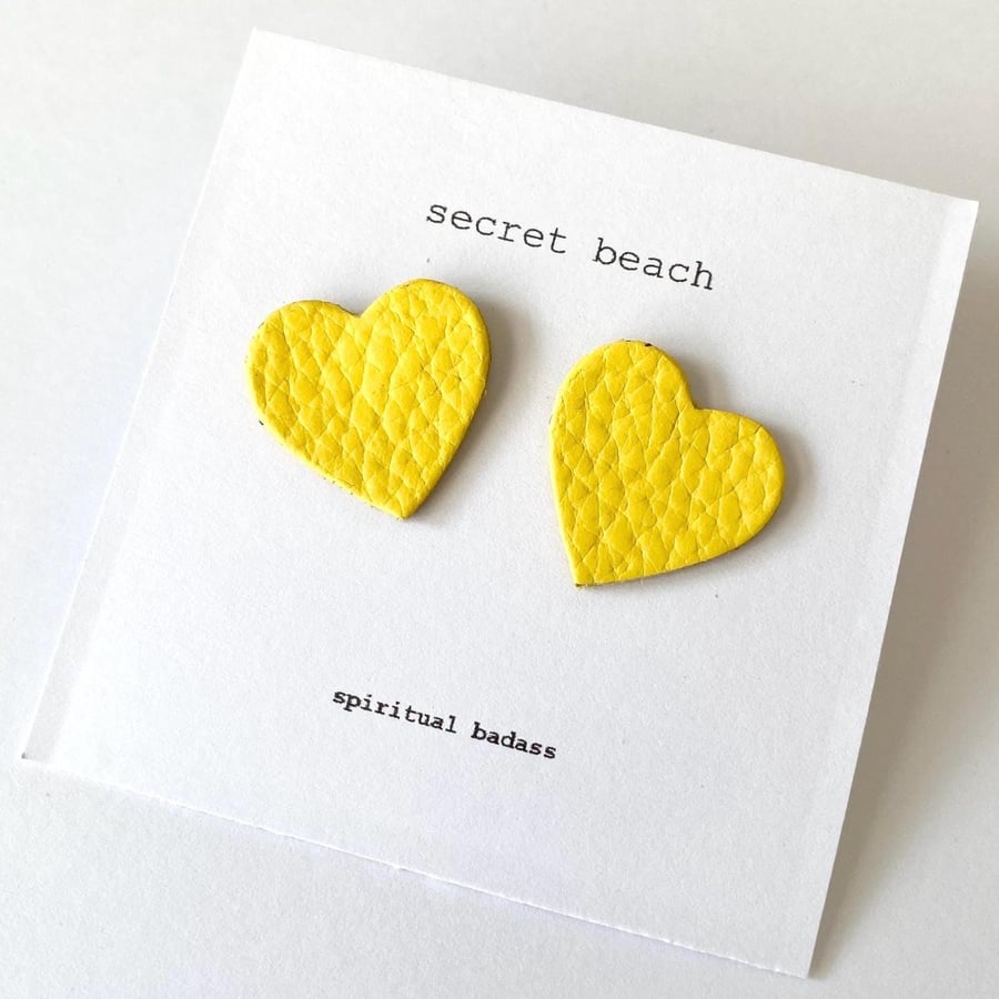 Leather Heart Stud Earrings - Yellow