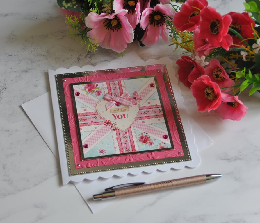 Just for You Card Heart Flowers Union Flag 3D Luxury Handmade British