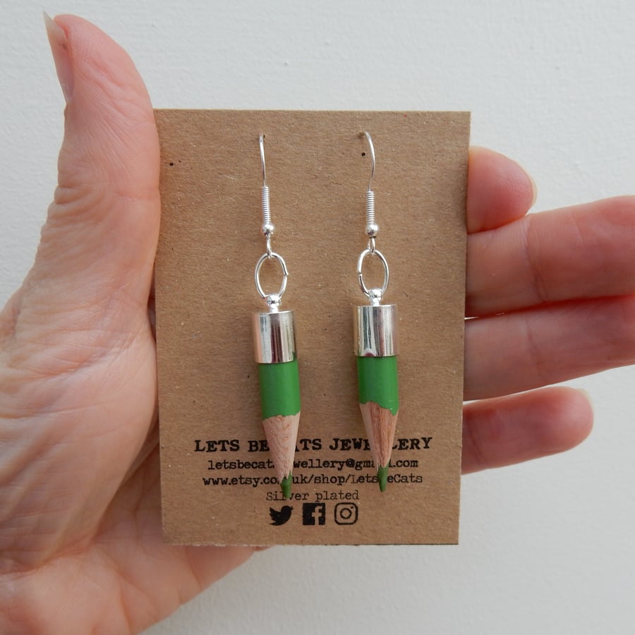 Upcycled green pencil earrings - perfect for a teacher or artist
