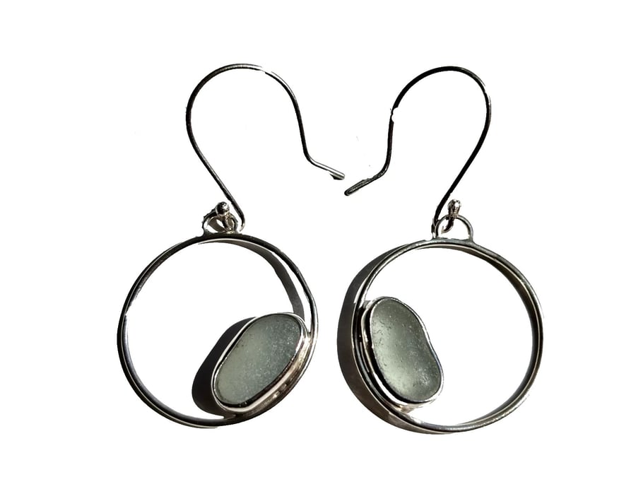 Fine & Recycled Sterling Silver Cornish Seaglass Hoops Earrings Aqua