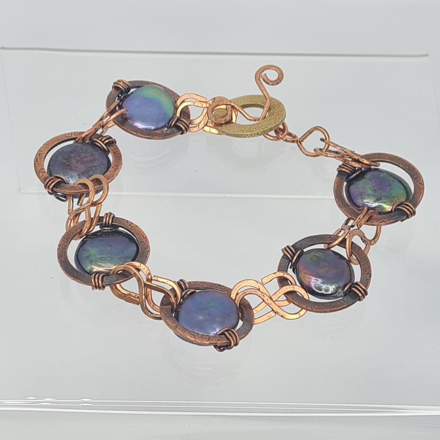 Handmade Copper Coin Pearl Bracelet Antique Patina, Rustic Toggle Clasp