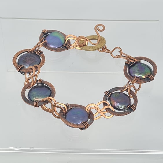 Handmade Copper Coin Pearl Bracelet Antique Patina, Rustic Toggle Clasp