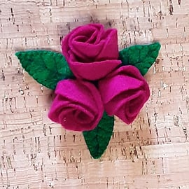 Three Roses in Dark Pink Felt Brooch, Large.