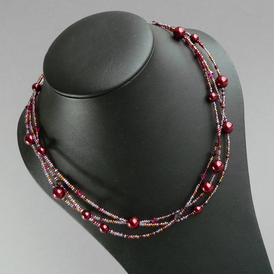 Claret Twisted Necklace - Burgundy Multi-strand Jewellery - Crimson Pearl Gifts