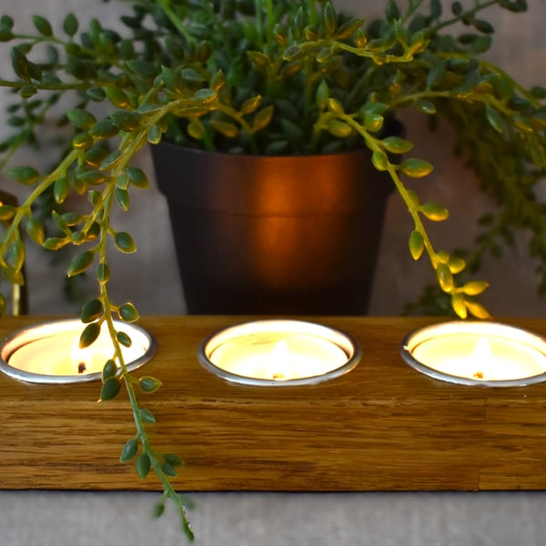 Low Block 3-Tealight Holder – Reclaimed Solid Oak Handmade Candle Holder