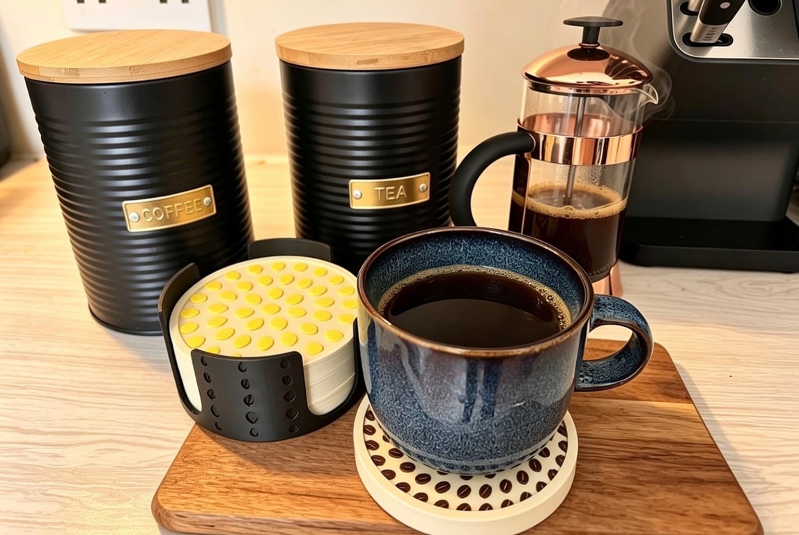 Coaster Set with Holder pack of 4 Coffee, Tea, Water, Lemon Designs