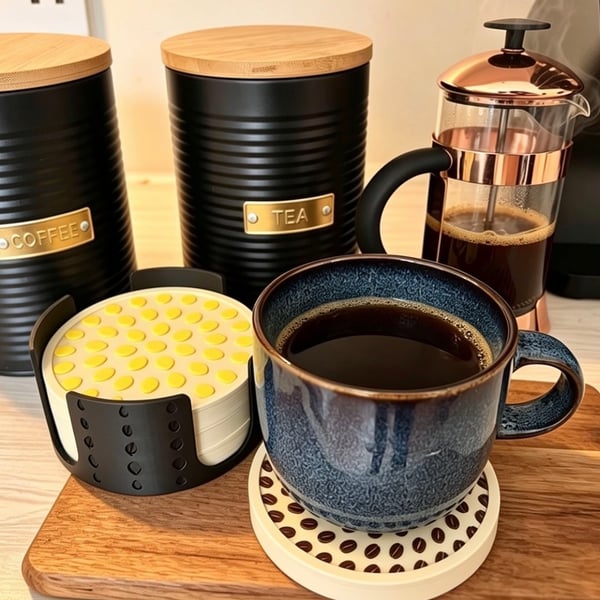 Coaster Set with Holder pack of 4 Coffee, Tea, Water, Lemon Designs