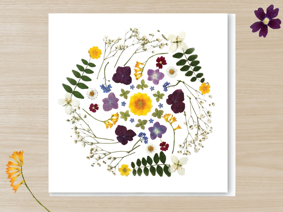 Midsummer Mandala, Pressed Flower Print Card,
