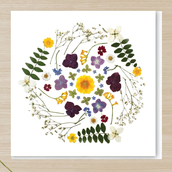 Midsummer Mandala, Pressed Flower Print Card,