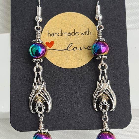 Dangly Bat Earrings With Rainbow Haematite Beads