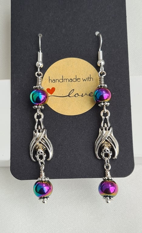 Dangly Bat Earrings With Rainbow Haematite Beads