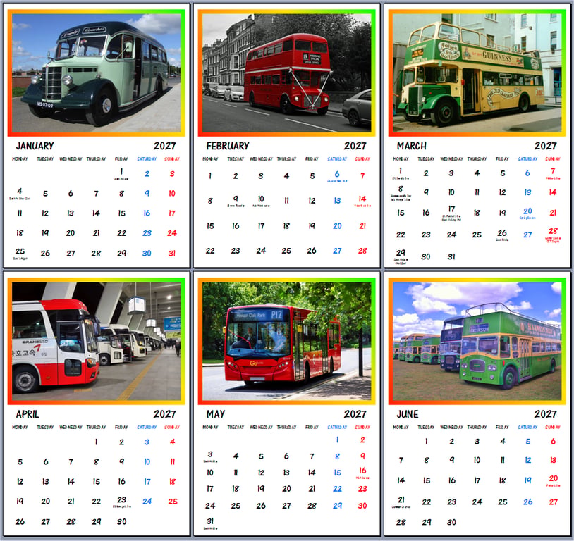 2027 Calendar Buses Vehicles A4 Size Wall Hanging 