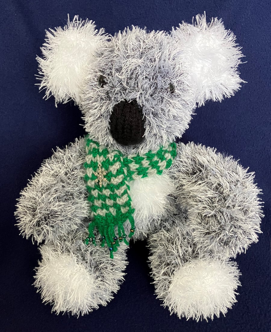 Christmas Koala with green and grey beaded scarf - shelf sitter decoration