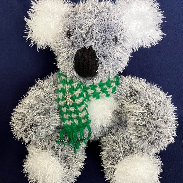 Christmas Koala with green and grey beaded scarf - shelf sitter decoration