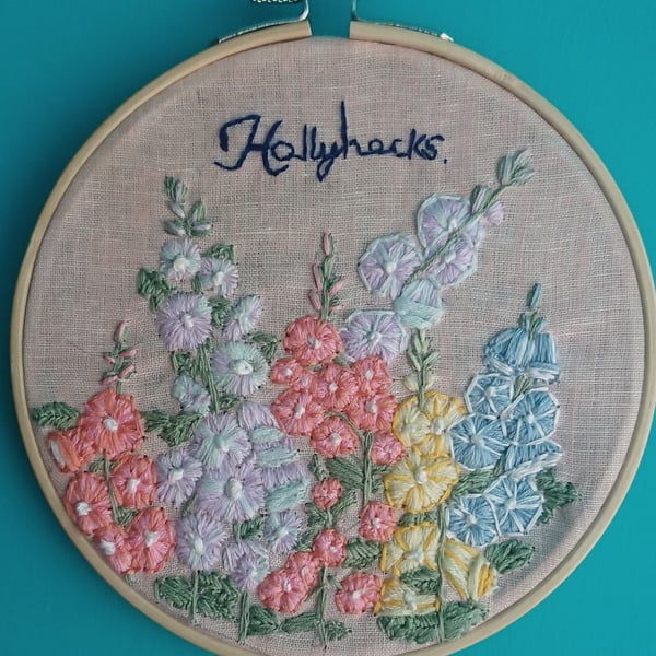 Hollyhocks embroidery hoop art picture 