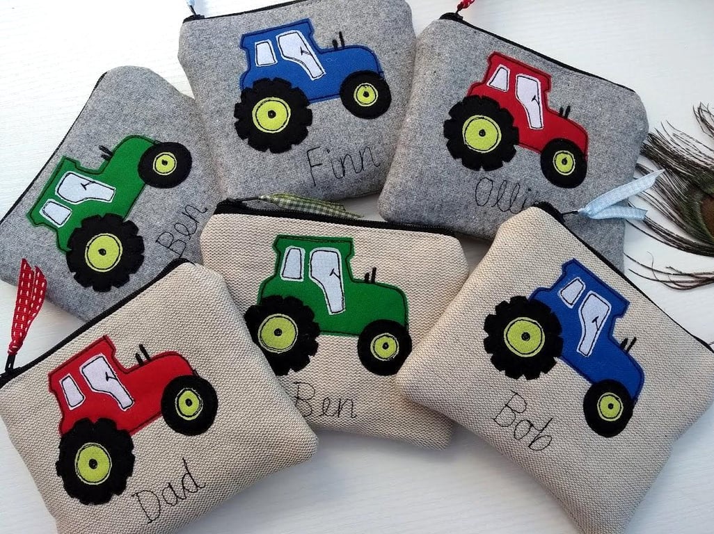 Personalised Tractor Coin Purse or Wallet - Handmade Grey Wool or Oatmeal Linen 