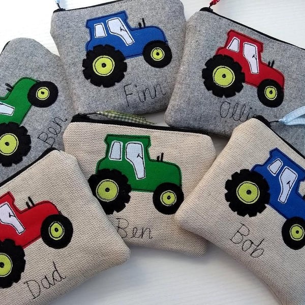 Personalised Tractor Coin Purse or Wallet - Handmade Grey Wool or Oatmeal Linen 