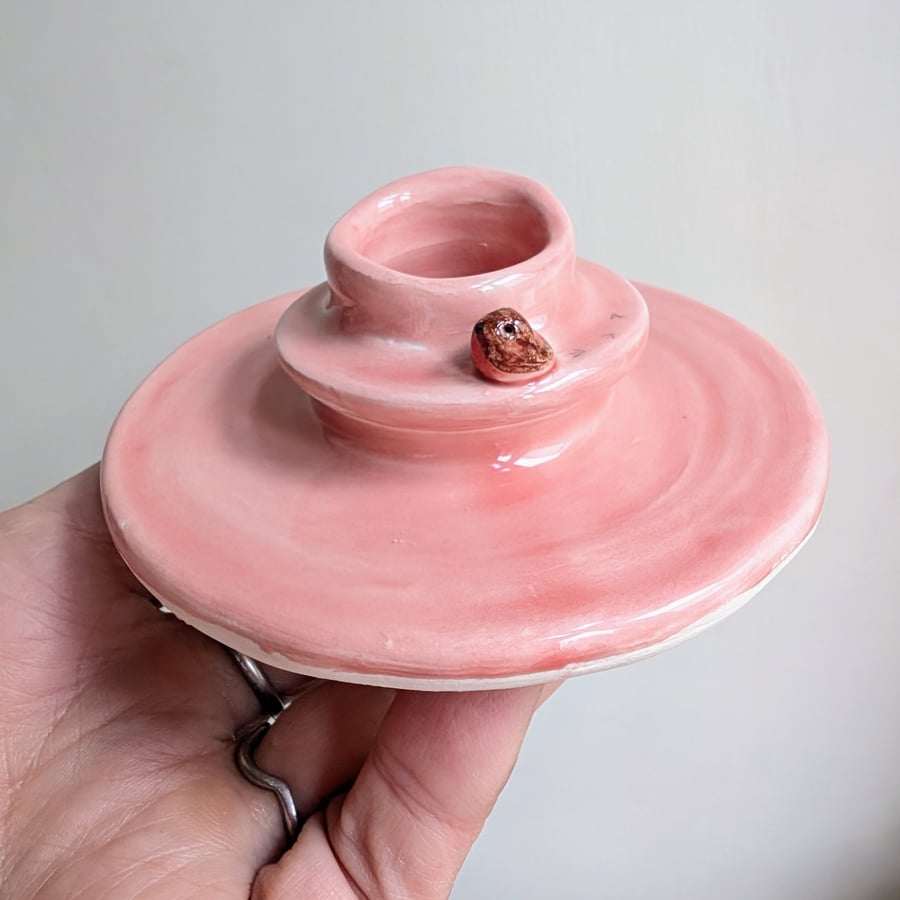 Handmade Pink Candle Holder with Tiny Robin Bird , Pottery for Christmas