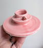 Handmade Pink Candle Holder with Tiny Robin Bird , Pottery for Christmas - Image 1