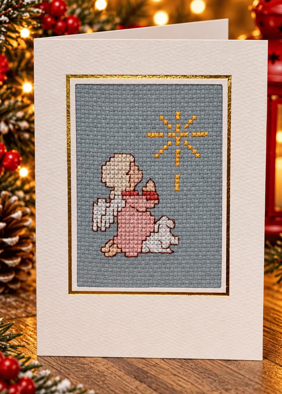 Handmade Cross Stitch Christmas Angel Card – Traditional Festive Card – 6 x 4 In