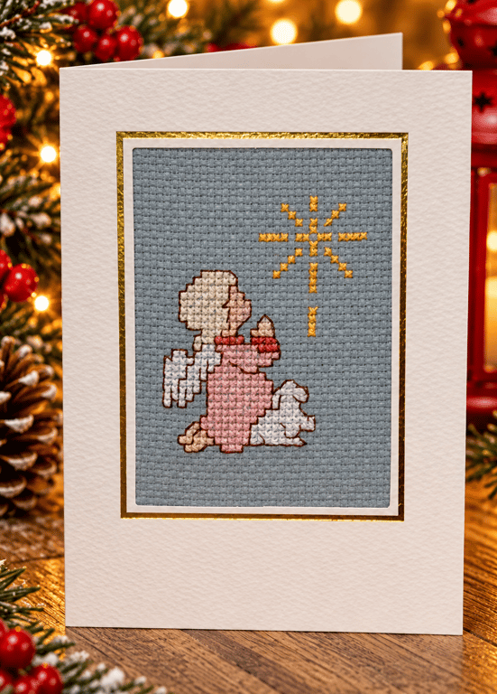 Handmade Cross Stitch Christmas Angel Card – Traditional Festive Card – 6 x 4 In