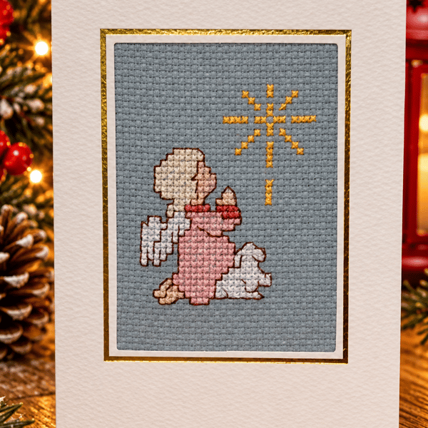 Handmade Cross Stitch Christmas Angel Card – Traditional Festive Card – 6 x 4 In