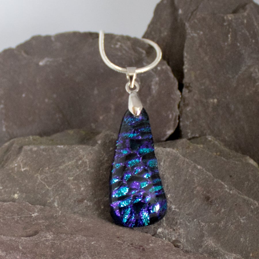 Bubbly Blue Dichroic Glass Pendant Necklace  - 1172
