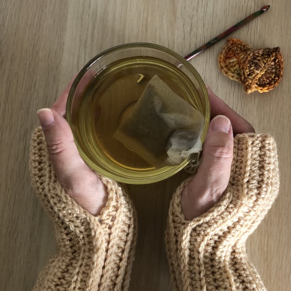 Fingerless gloves, wristwarmers, crocheted in warm neutral colours