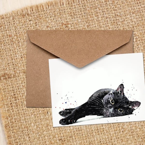 Black Cat Watercolour GreetingNote Card-Black Cat Art card, Cat Greeting card ,K