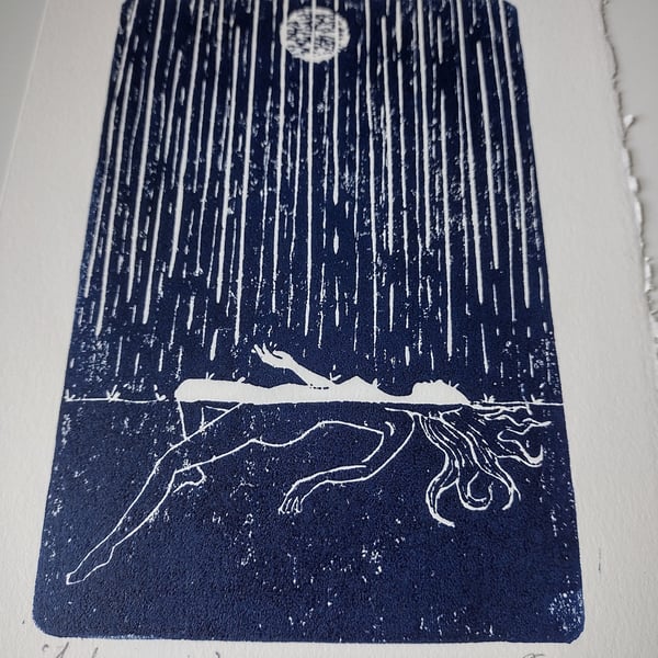 'Feeling rain' linocut art print in blue
