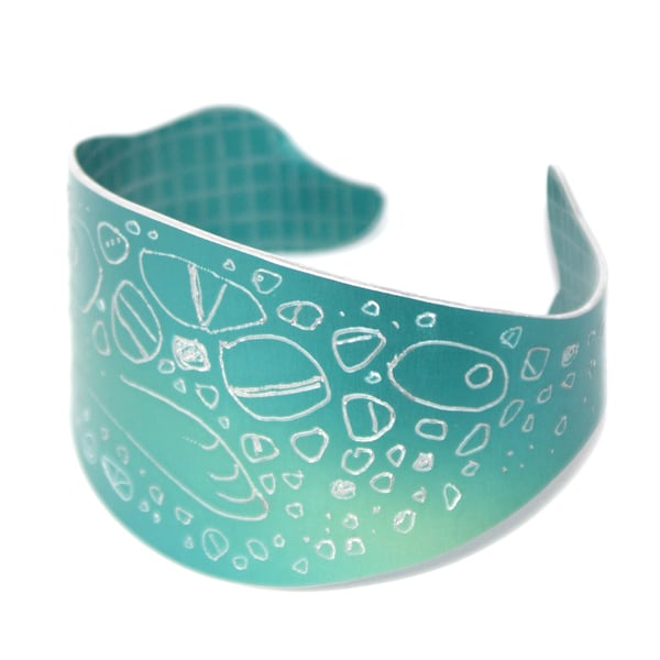 Happy seal cuff - hand engraved - blue green