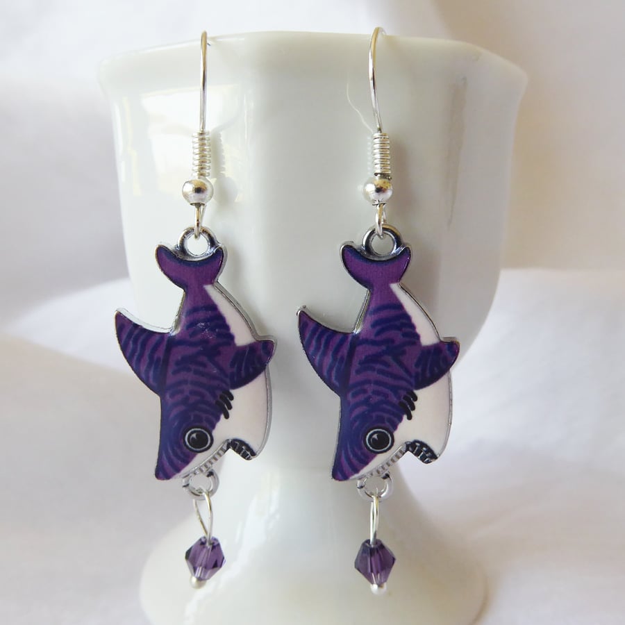 Whimsical Purple Shark Earrings with Silver plated ear wires