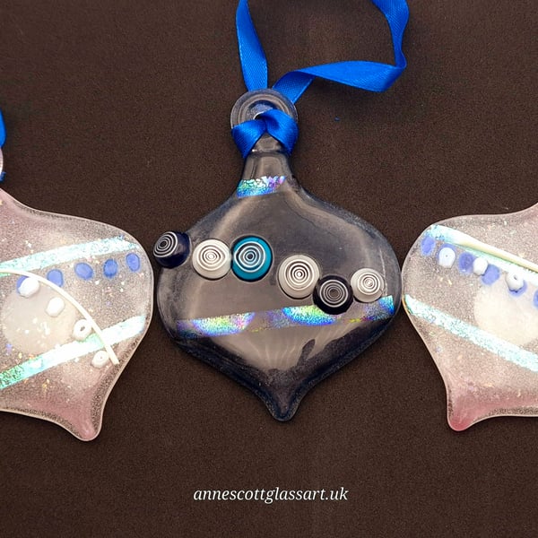 Three Handmade Fused Glass 3D Baubles in Opaline and Blue, Pink