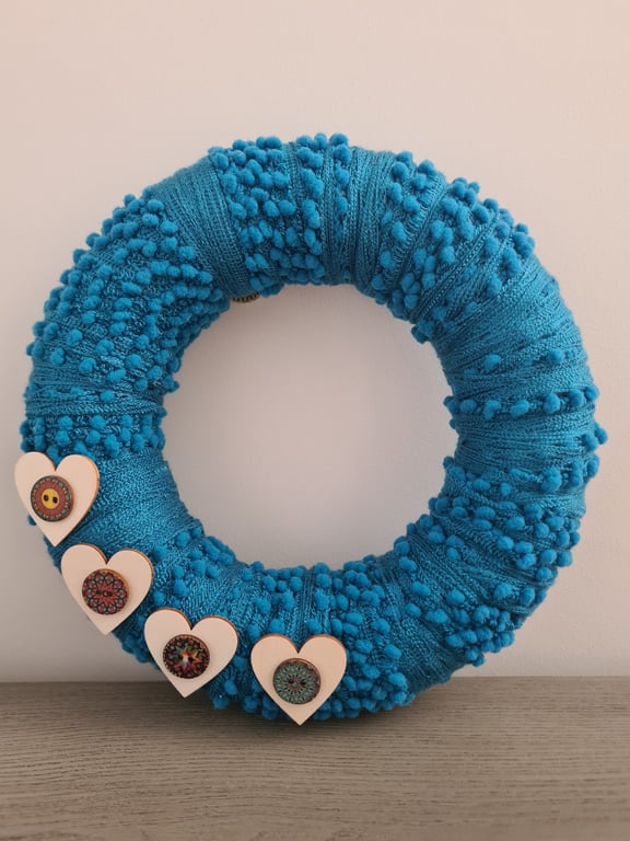 Handmade Blue Bobble Yarn Wreath With Wooden Heart Buttons Rustic Home Decor