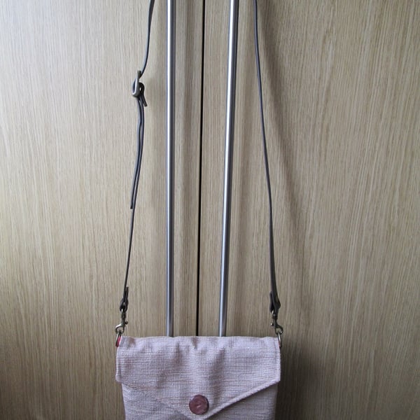 Small Cross Body Bag with Leather Strap in Pinky Beige Chenille