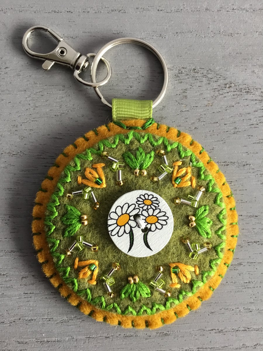 Hand Embroidered Daisy Chain Keyring or Bag Charm 