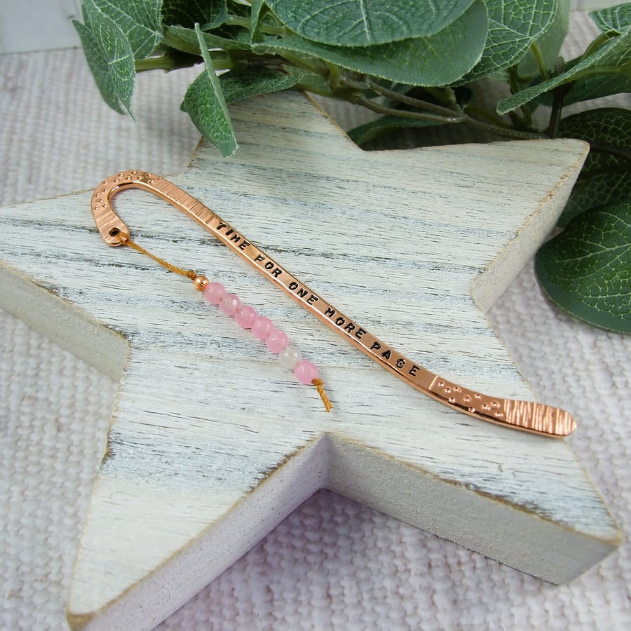 Bookmark, Forged and Stamped Copper, Rose Quartz and Moonstone