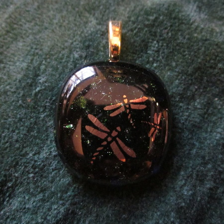 Handmade dichroic glass cabochon pendant - Dark Sparkle with 22 carat gold dragonflies